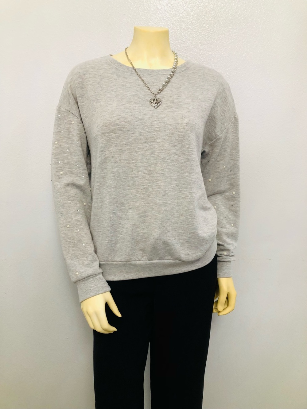 Emily Daniels Women's Gray Crewneck Sweater with Pearl Accent